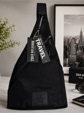 True Religion Black Sling Bag with Travel Tags - Men's Crossbody